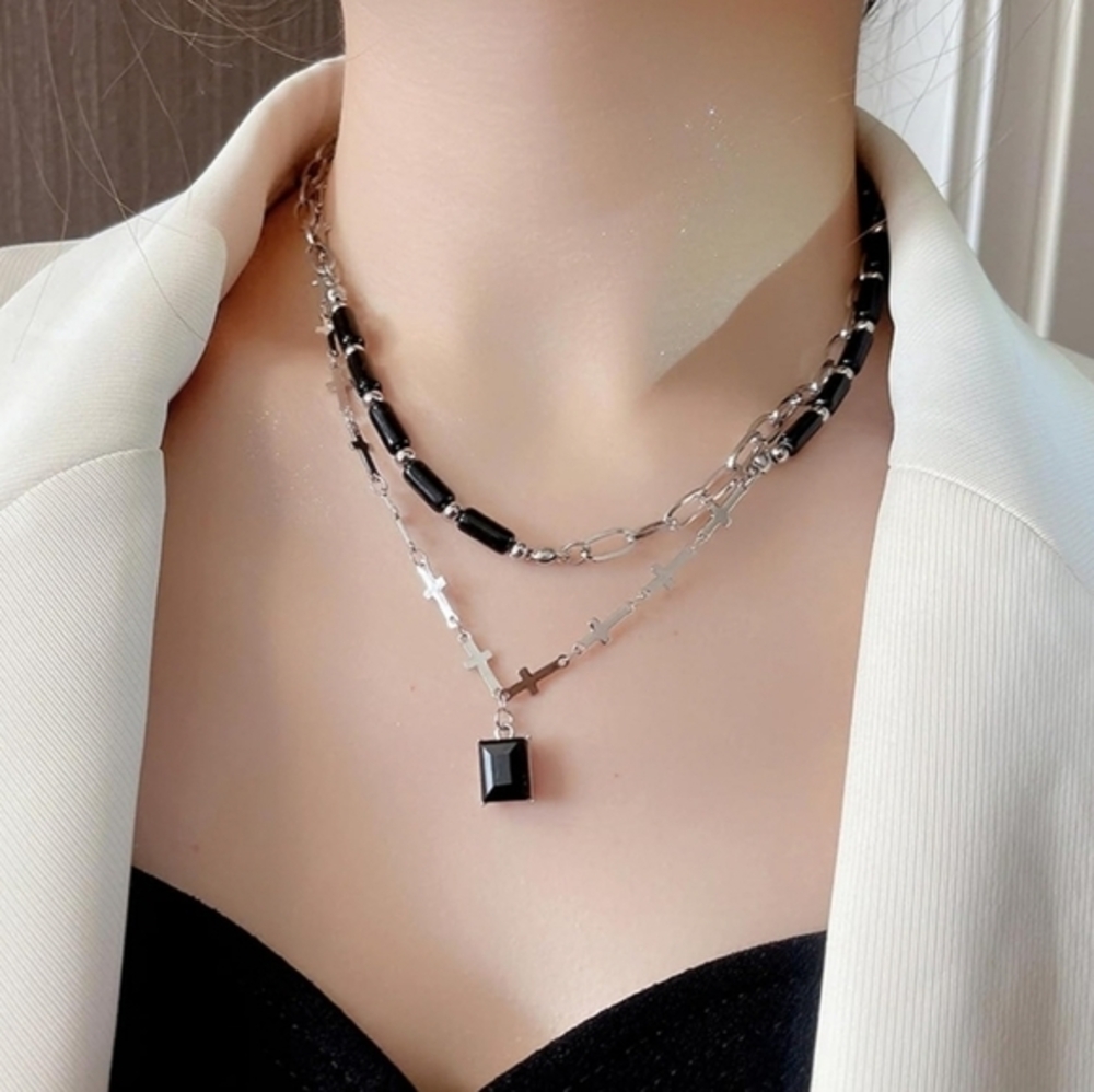 NEW Women's 925 Silver Double Layered Cross‎ Pendant Necklace